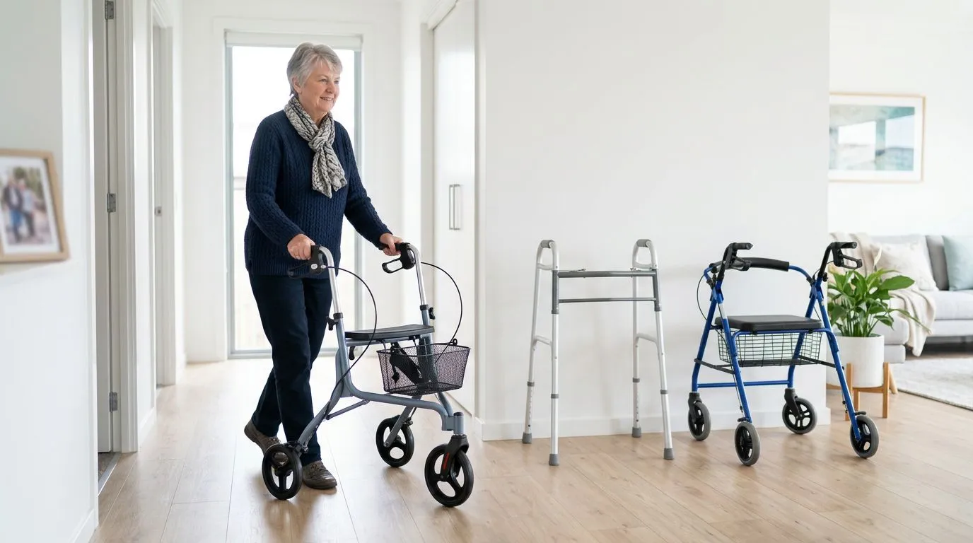 Older adult using a 3-wheel rollator in a narrow home hallway with other walker types nearby