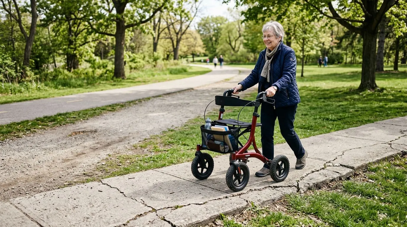 Older adult using an all-terrain rollator walker on an outdoor sidewalk near grass and gravel