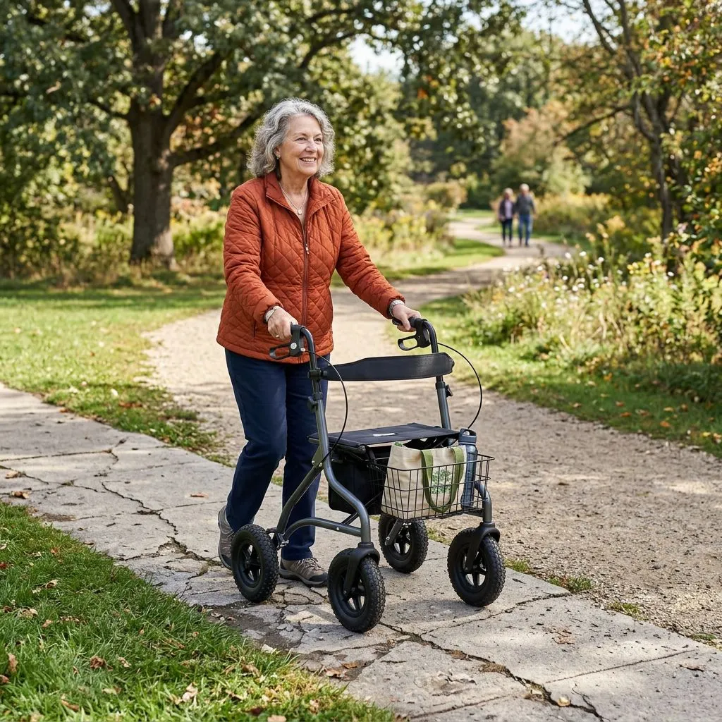 Older adult using an all-terrain rollator walker on an outdoor sidewalk near grass and gravel