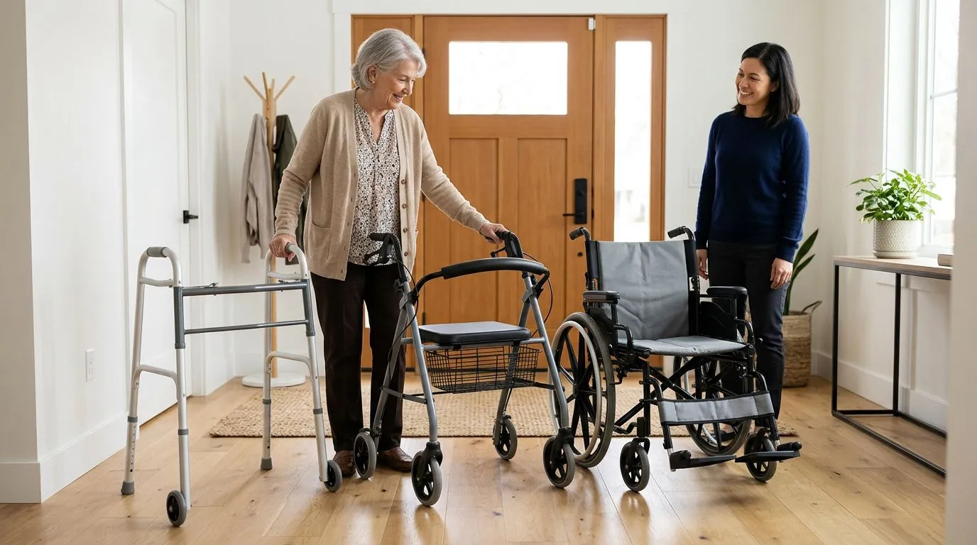Older adult comparing a walker, rollator transport chair, and wheelchair with a caregiver