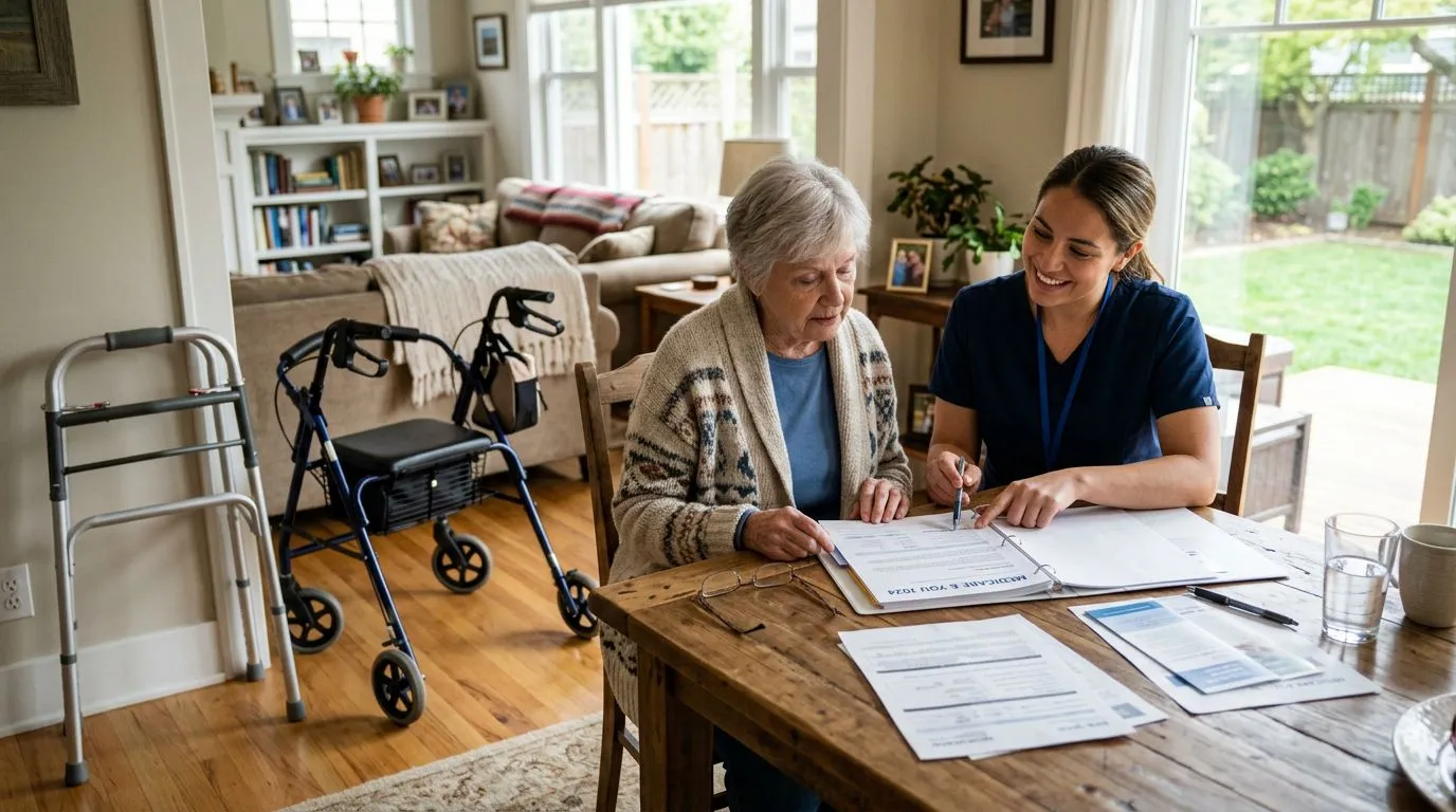 Older adult reviewing Medicare paperwork beside a walker and rollator