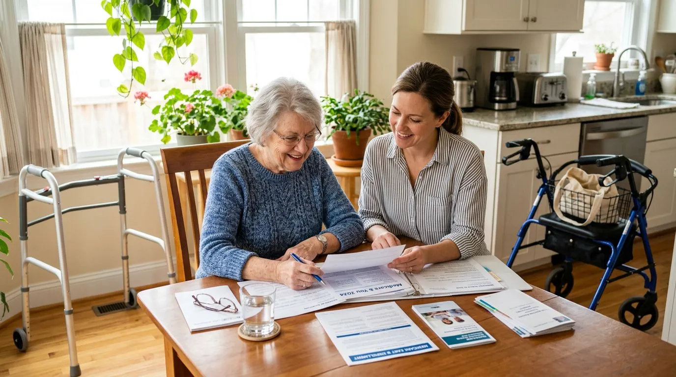 Older adult reviewing insurance paperwork with a walker and rollator nearby