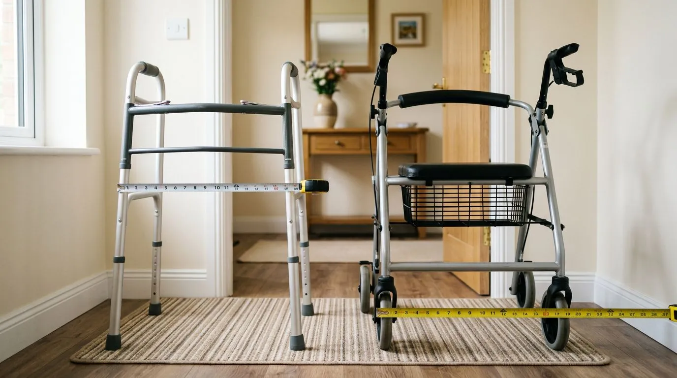 Heavy-duty walker and bariatric rollator being measured for doorway clearance at home