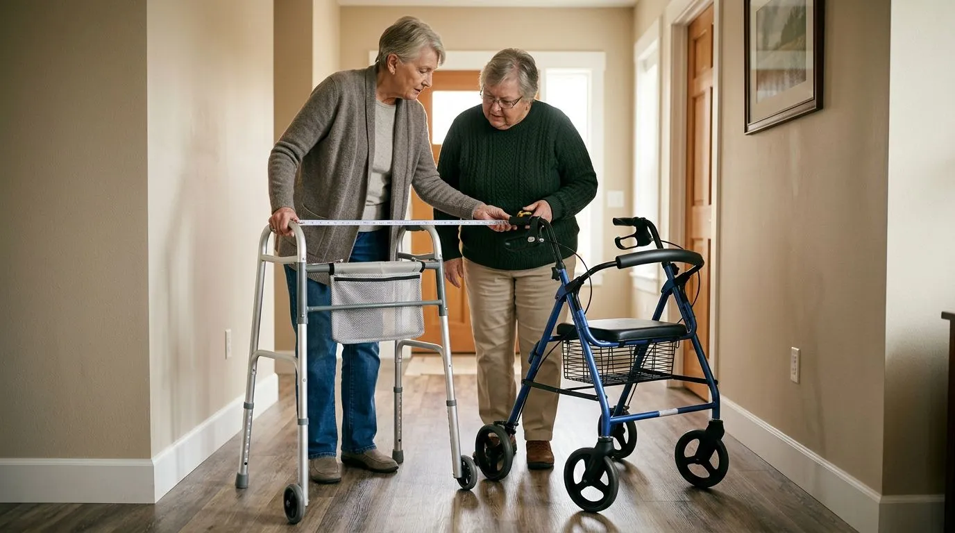 Tall and larger adults comparing walker and rollator fit in a home hallway
