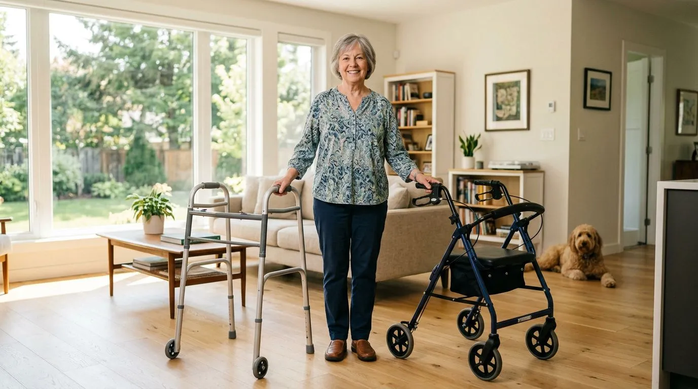 Short older adult comparing walker and rollator handle height at home