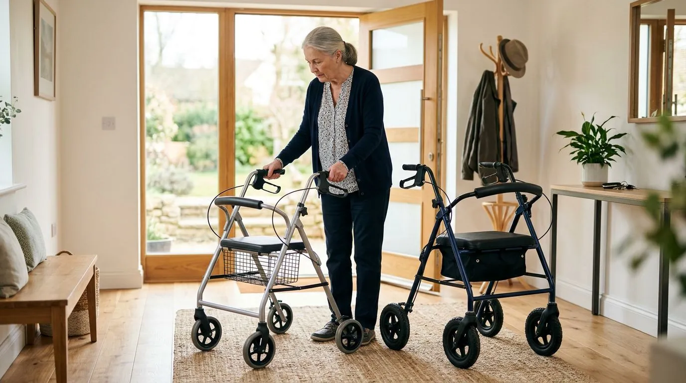 Older adult comparing a basic rollator walker and a premium rollator walker at home