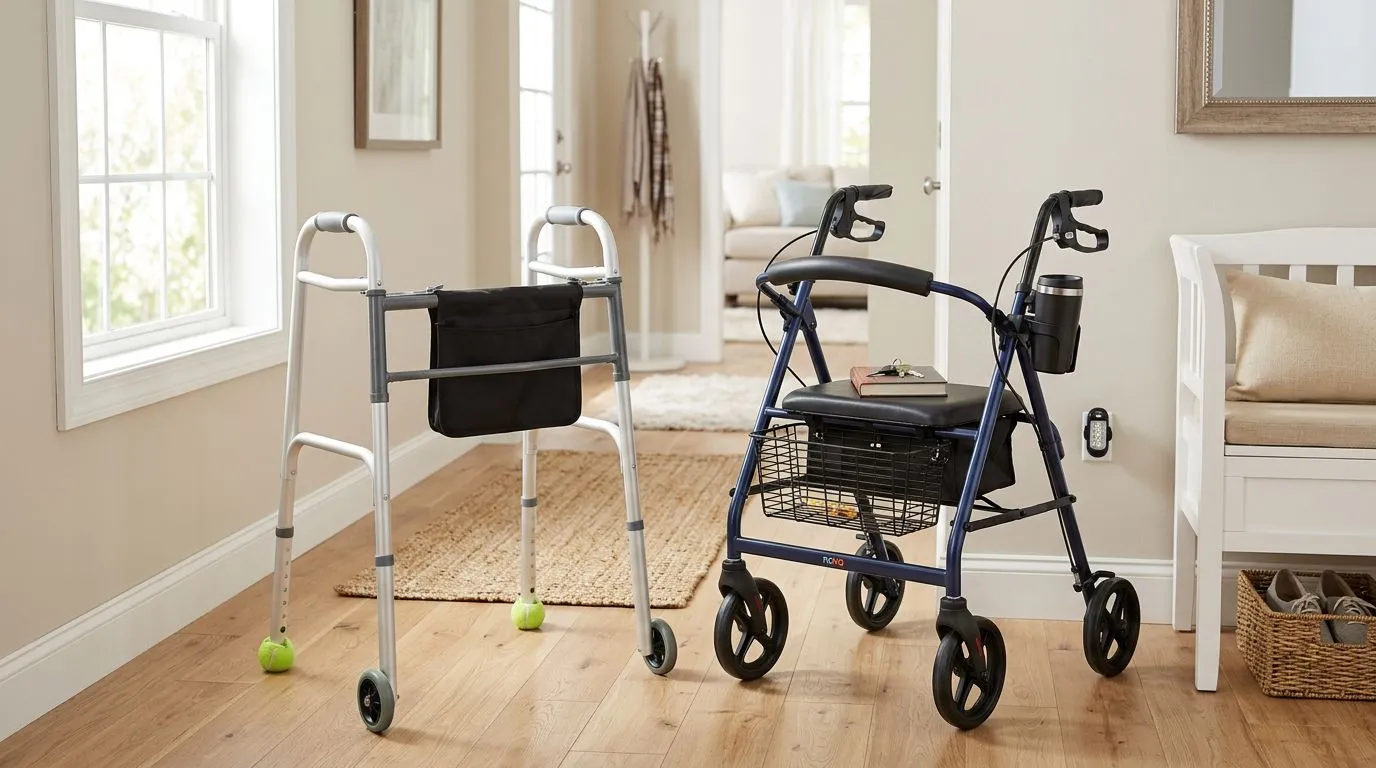 Walker and rollator with common accessories arranged in a bright home entryway