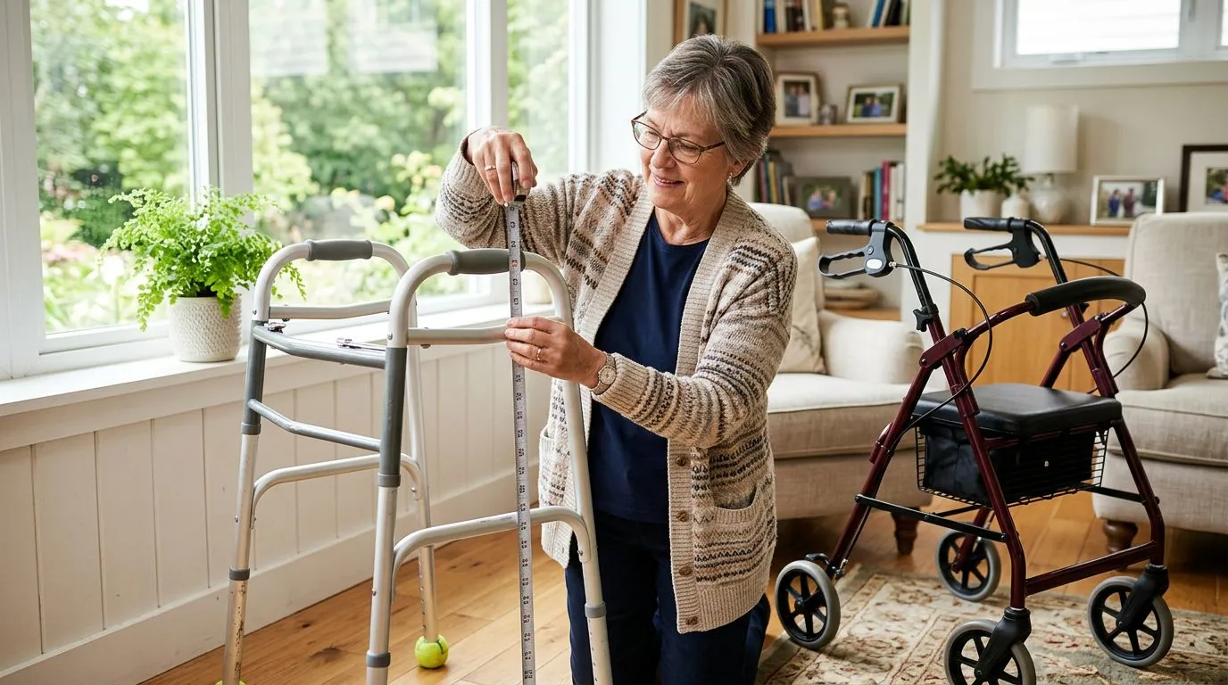 Senior comparing a walker and rollator while measuring handle height at home