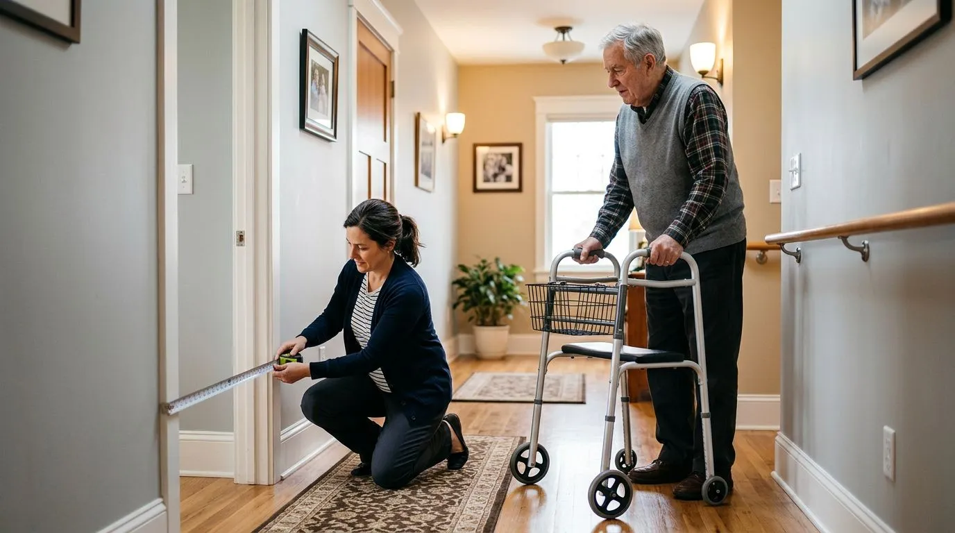 Caregiver measuring a hallway before choosing a mobility walker for an older parent