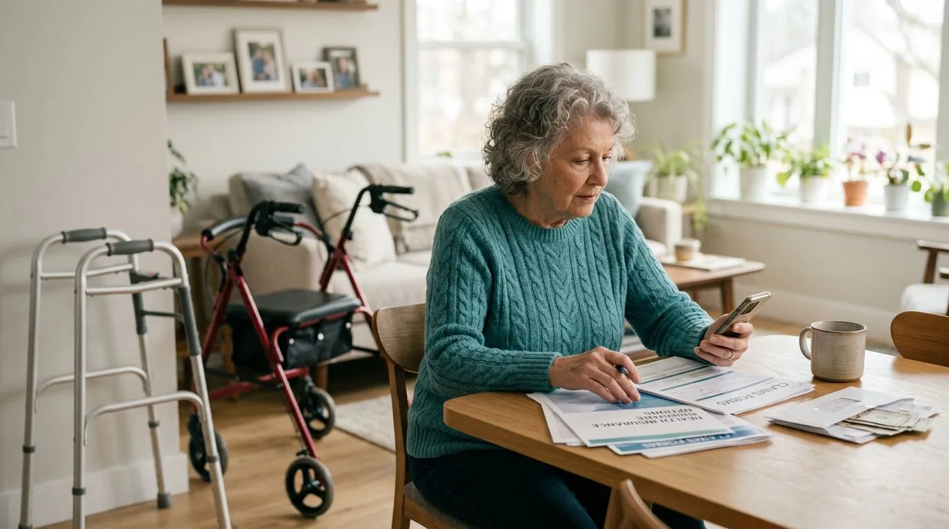 Older adult comparing walker and rollator options while reviewing insurance paperwork at home