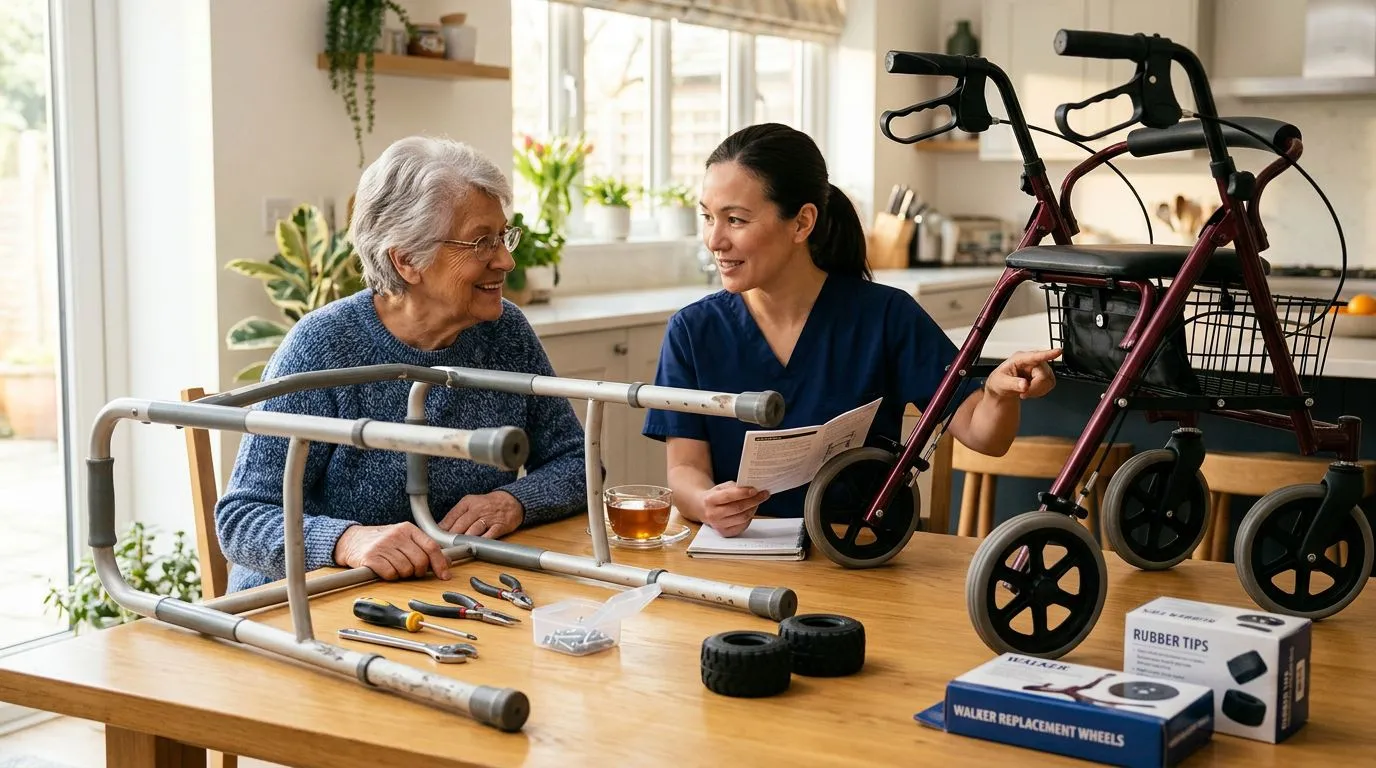 Caregiver inspecting parts on a mobility walker and rollator at home