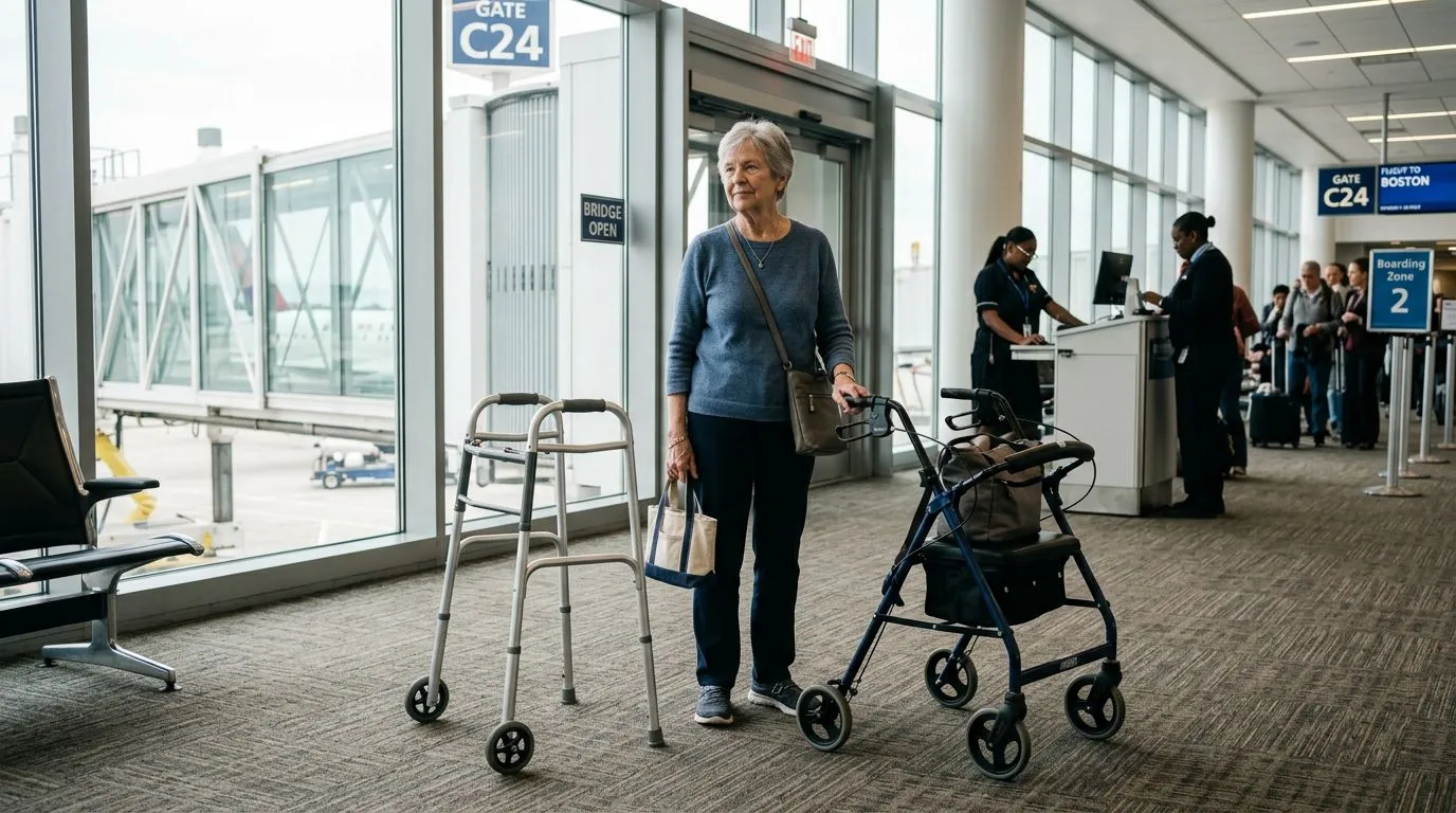 Older traveler at an airport gate with a folding walker and rollator ready for boarding