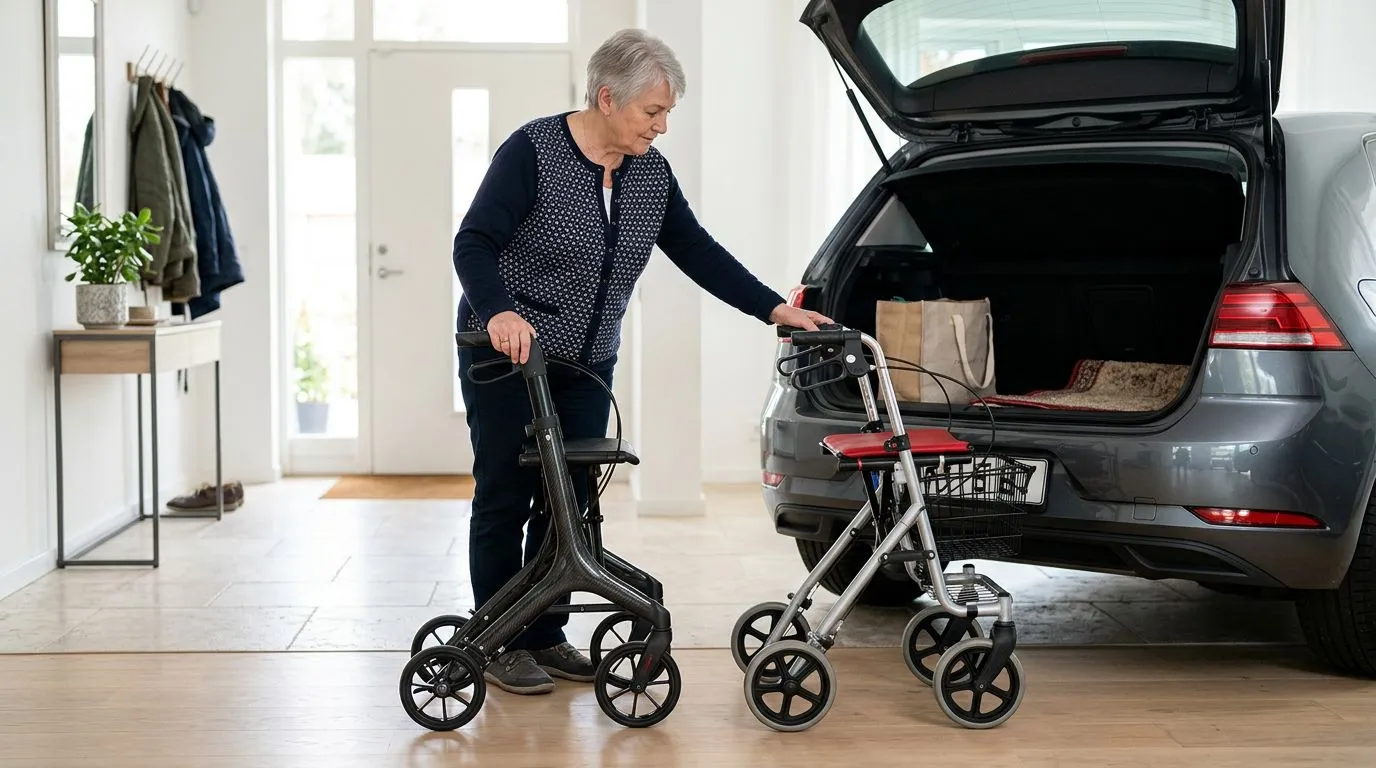 Two generic rollators, one carbon fiber style and one aluminum, compared near a car trunk
