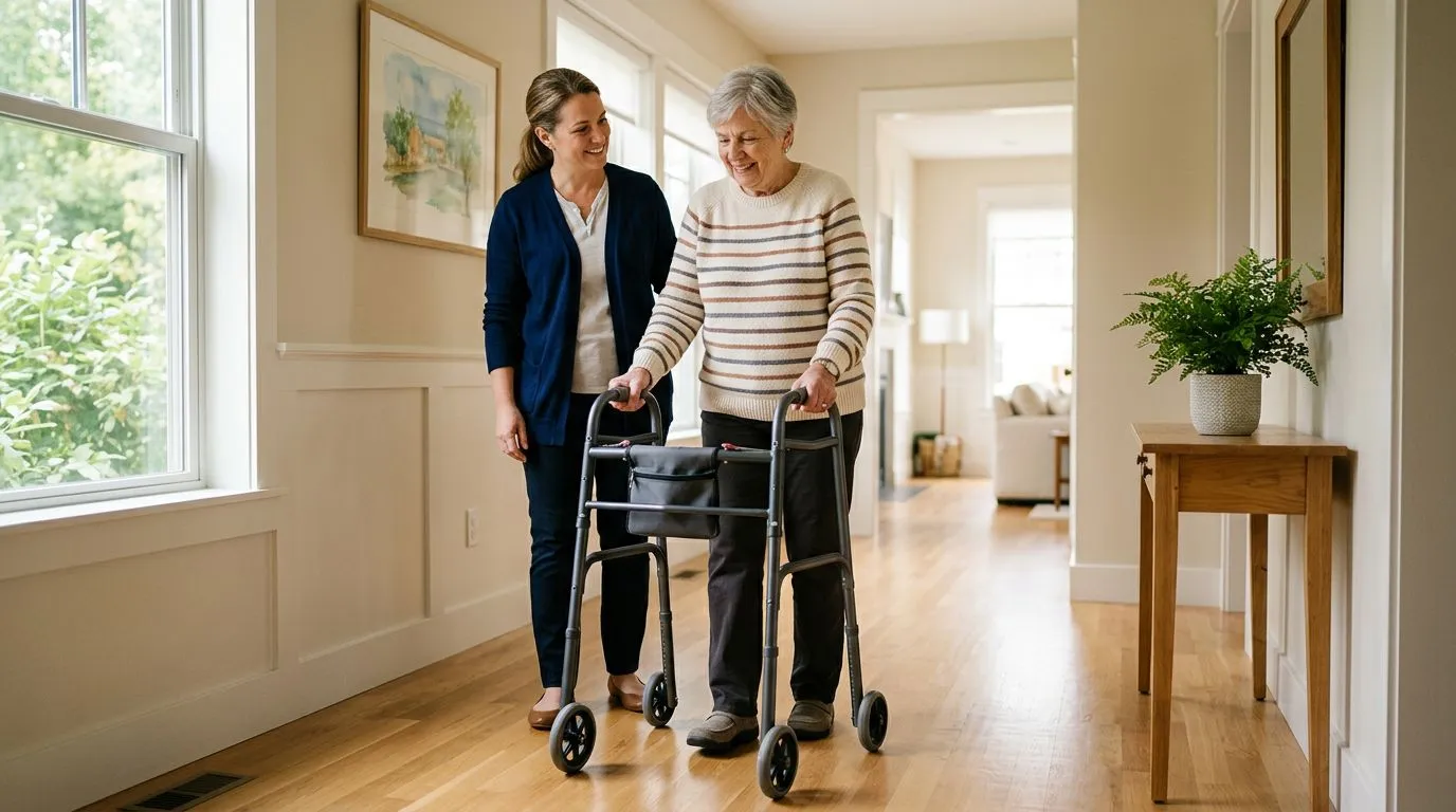 Caregiver safely assisting an older adult using a walker in a clear home hallway