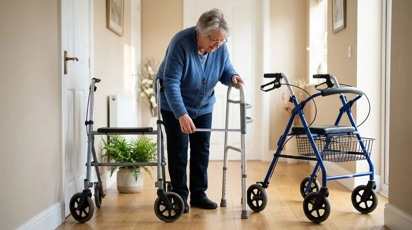 Older adult comparing a rollator walker and standard walker in a home hallway