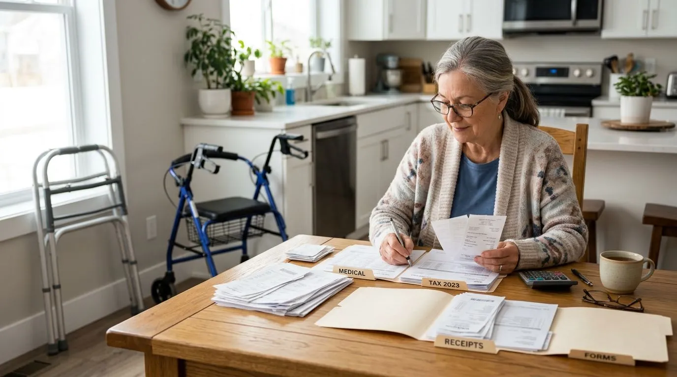 Senior organizing tax receipts with a walker and rollator nearby