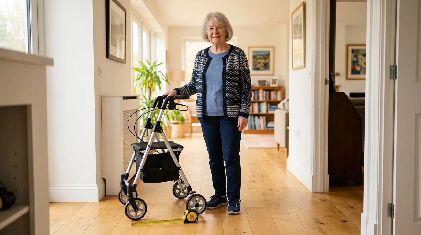 Petite older adult standing with a compact folding walker in a home hallway