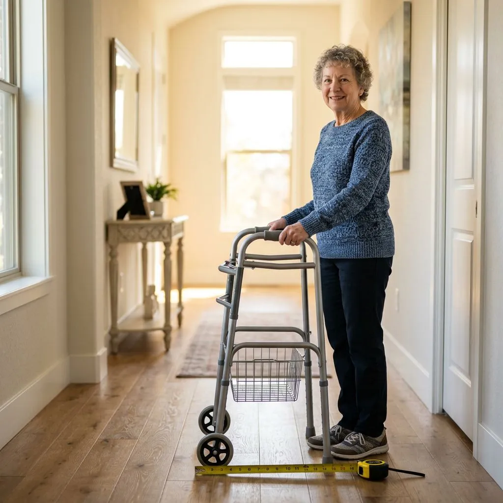 Petite older adult standing with a compact folding walker in a home hallway