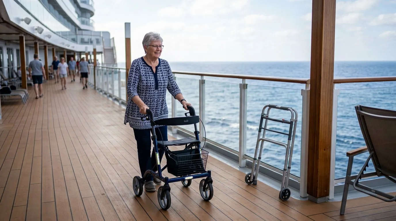 Senior cruise traveler using a rollator on an accessible ship deck with a walker nearby