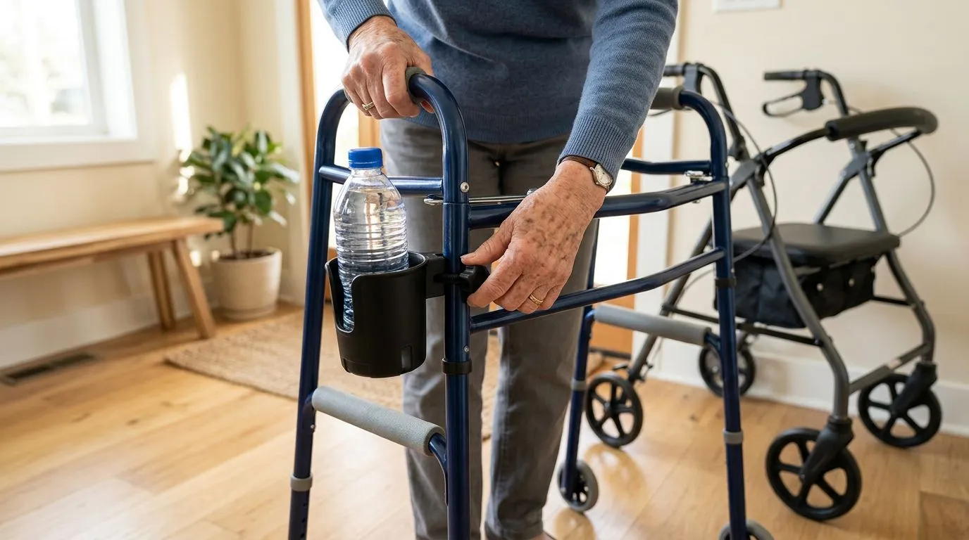 Cup holder being fitted to a walker beside a rollator with a capped water bottle
