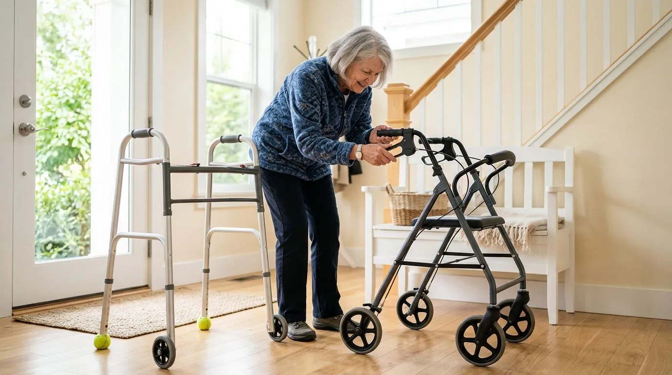Older adult checking a walker and rollator before daily use