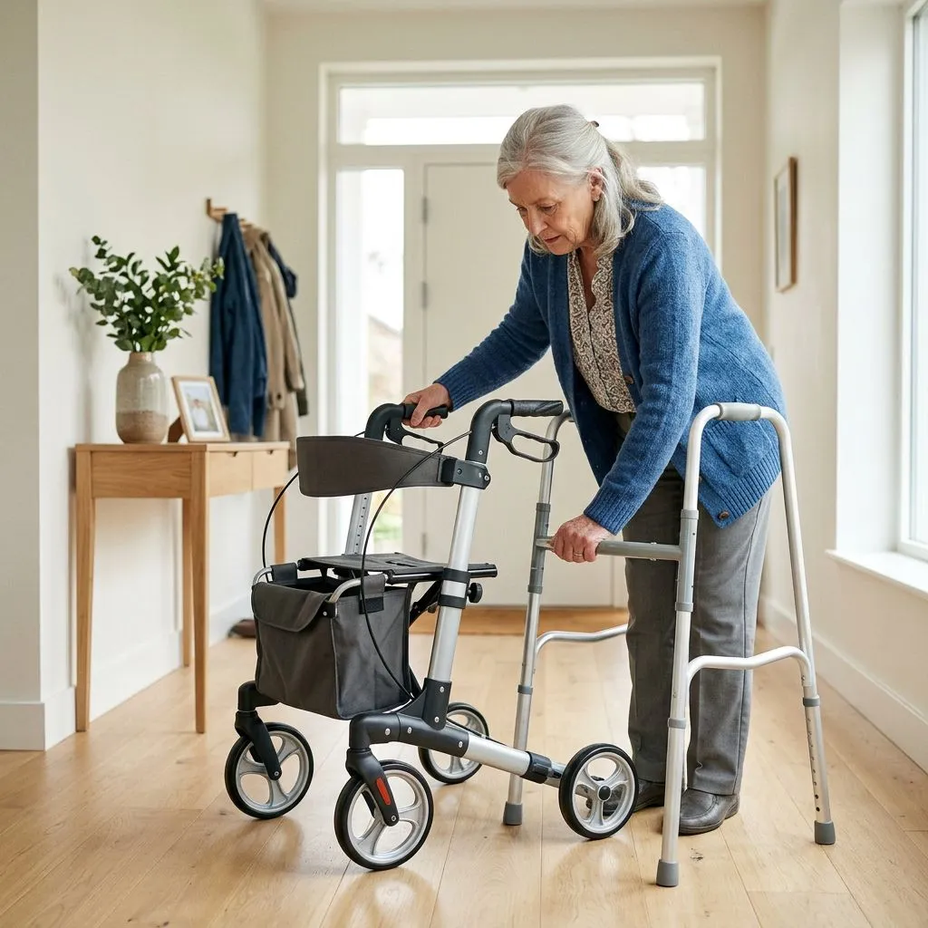 Older adult checking a walker and rollator before daily use