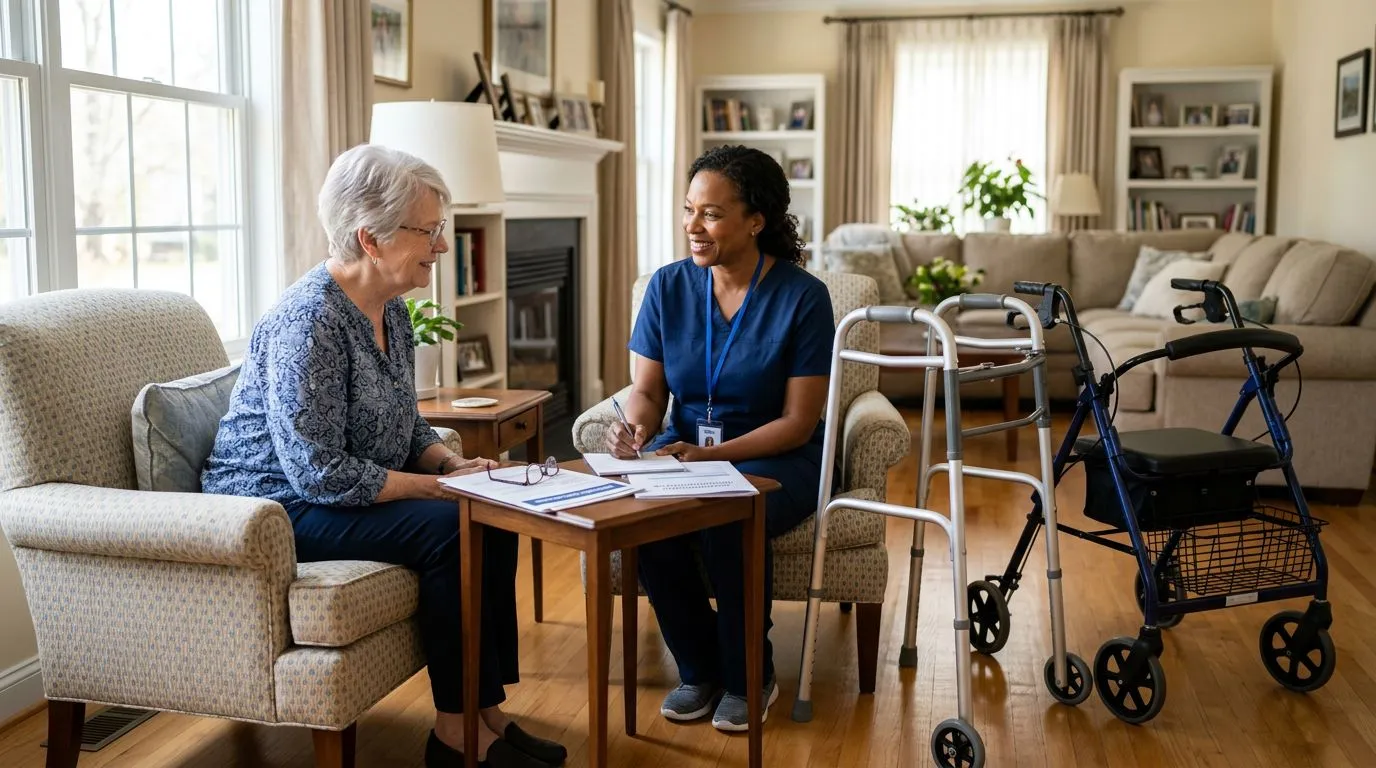 Older adult reviewing Medicare paperwork with a clinician beside a walker and rollator