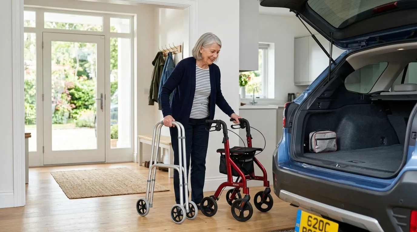 Senior comparing a folded walker and compact rollator for storage and errands