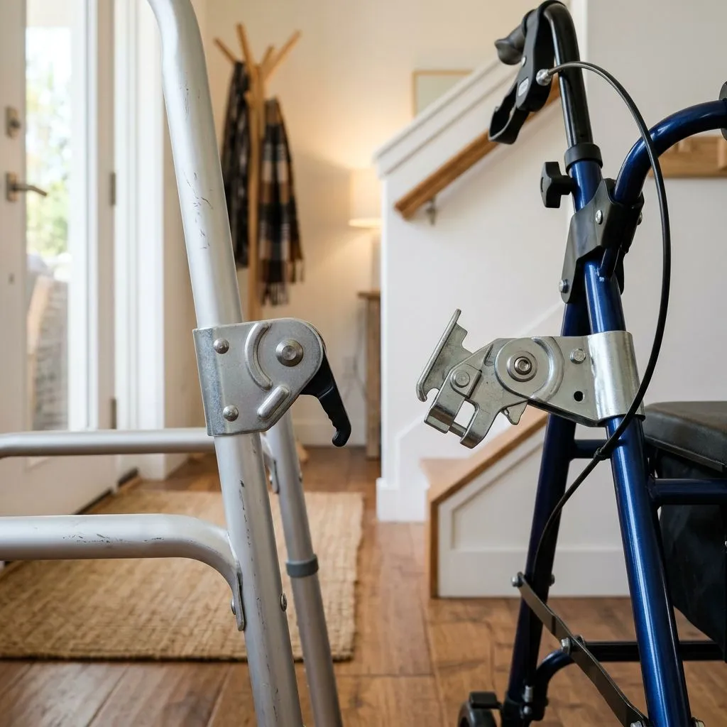 Folding walker and rollator hinges being checked for secure locking before use