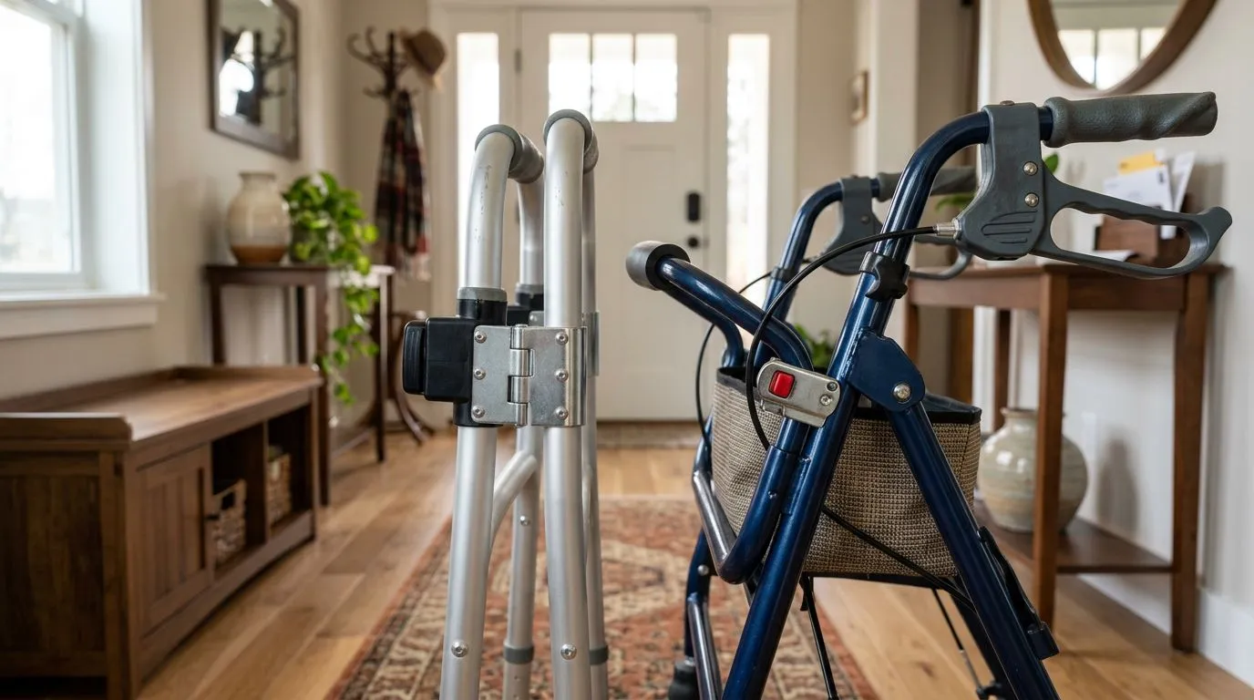 Folding walker and rollator hinges being checked for secure locking before use