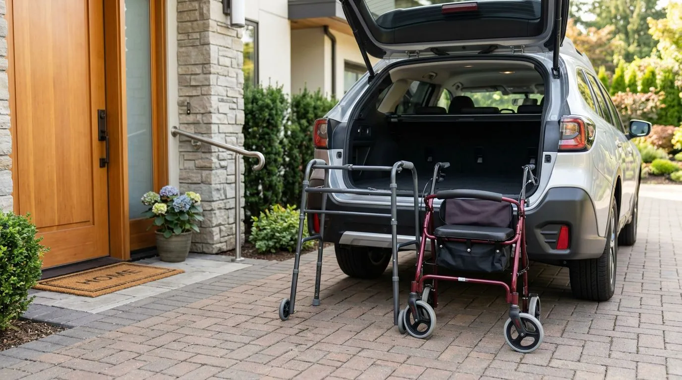 Folded walker and folded rollator compared beside an open car trunk