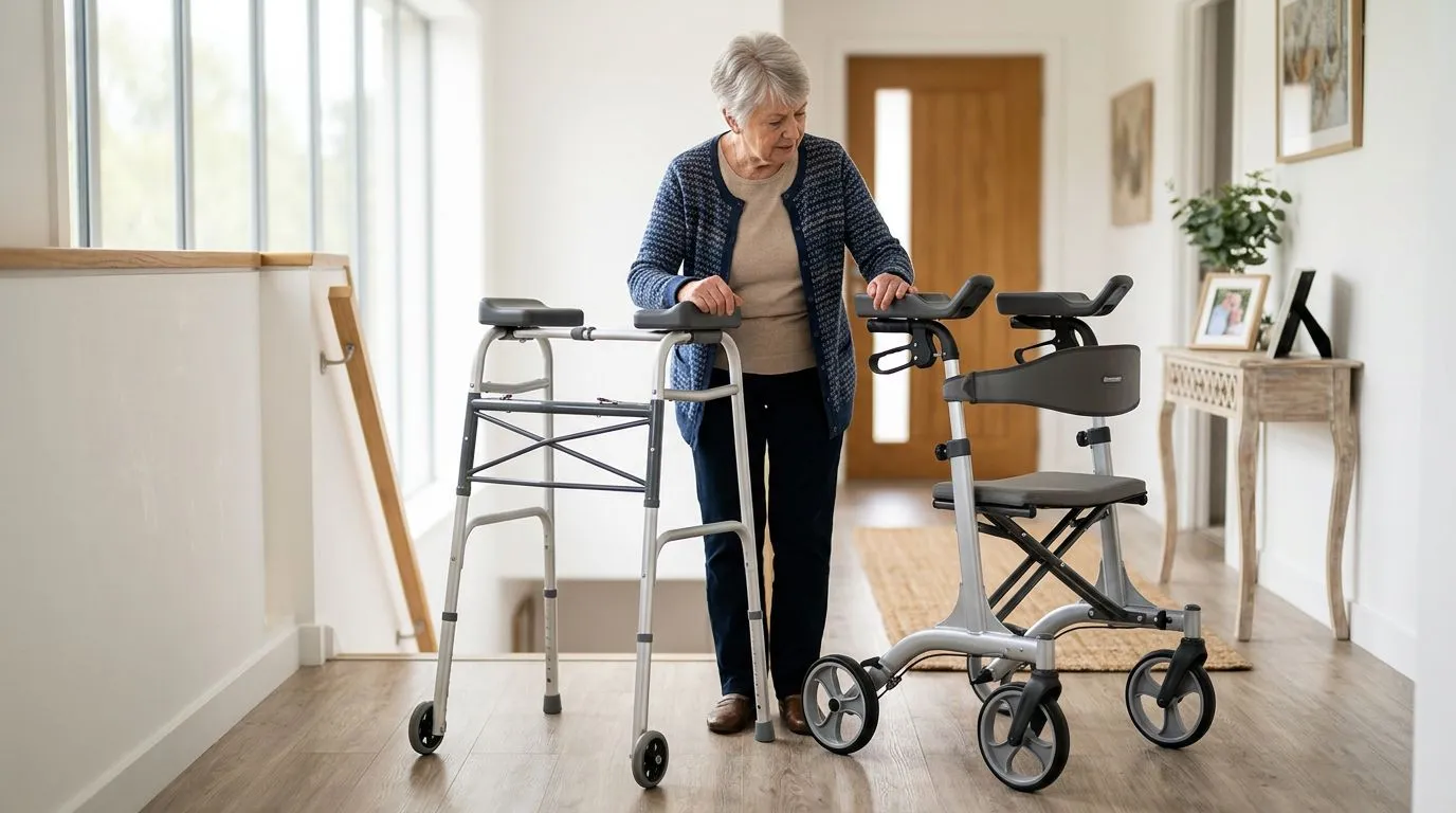 Older adult comparing a walker with a forearm platform attachment and an upright rollator with forearm supports