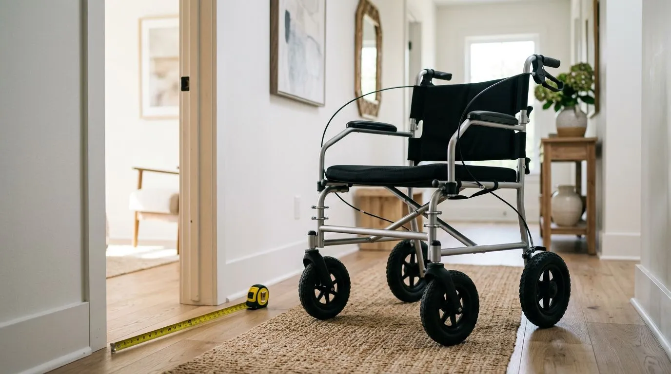 Heavy-duty bariatric rollator with wide seat and hand brakes in a home hallway