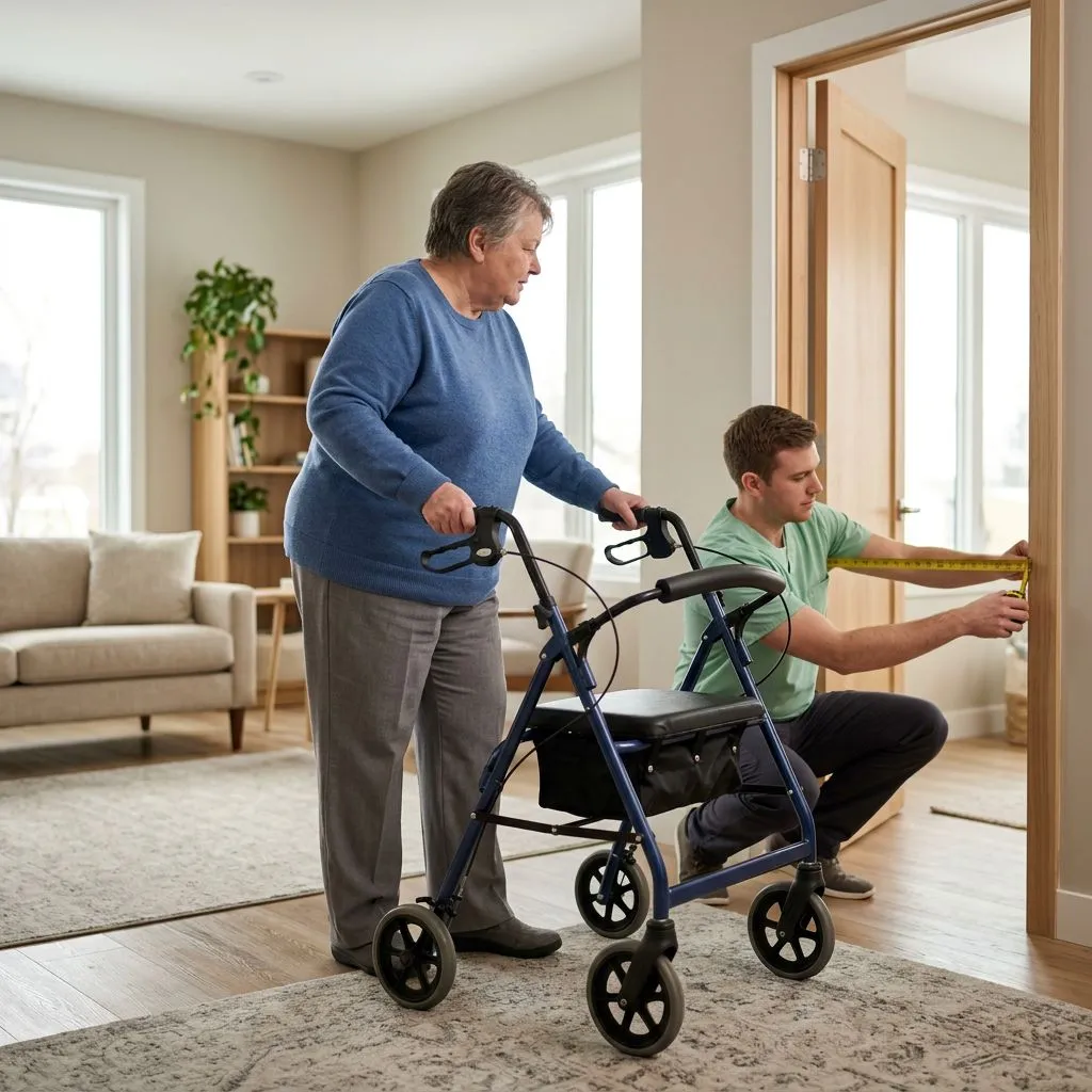 Caregiver measuring doorway width while a larger adult stands beside a heavy-duty rollator walker