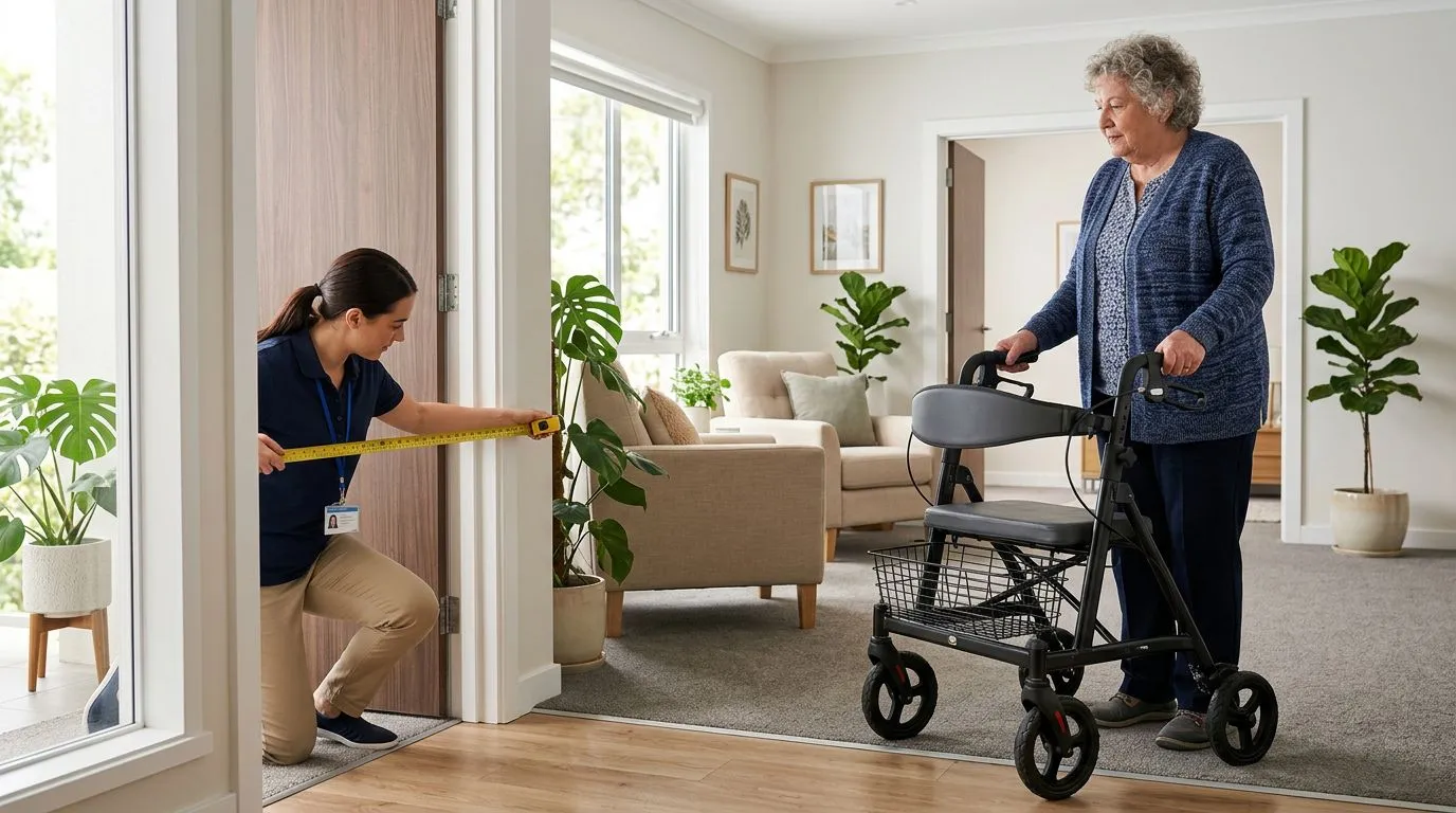 Caregiver measuring doorway width while a larger adult stands beside a heavy-duty rollator walker