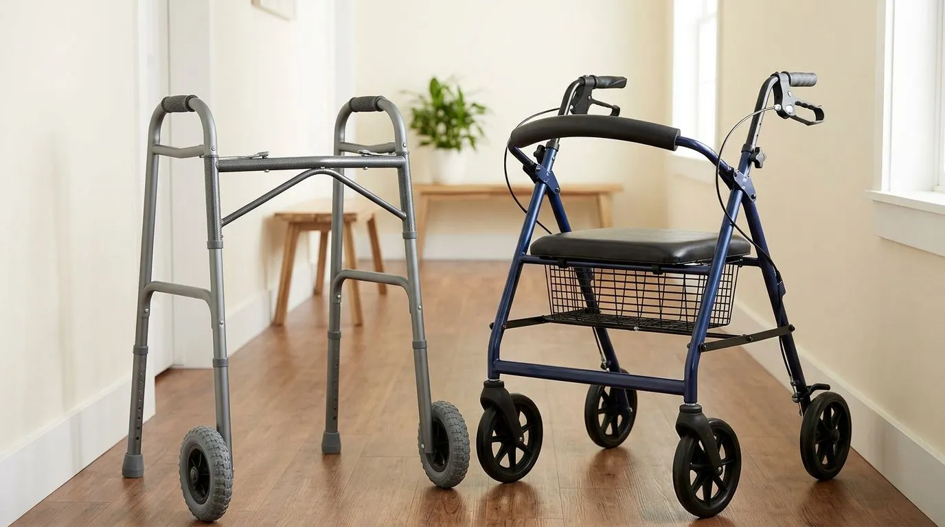Heavy-duty walker and bariatric rollator side by side in an accessible hallway