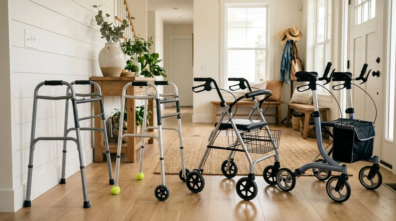 Standard walker, two-wheel walker, rollator with seat, and upright rollator displayed for cost comparison