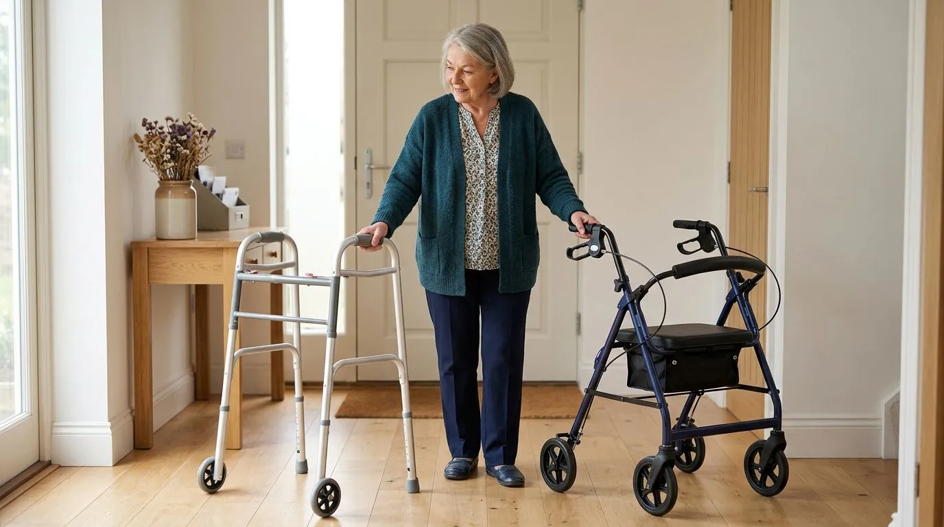 Senior comparing a standard walker and a rollator walker at home