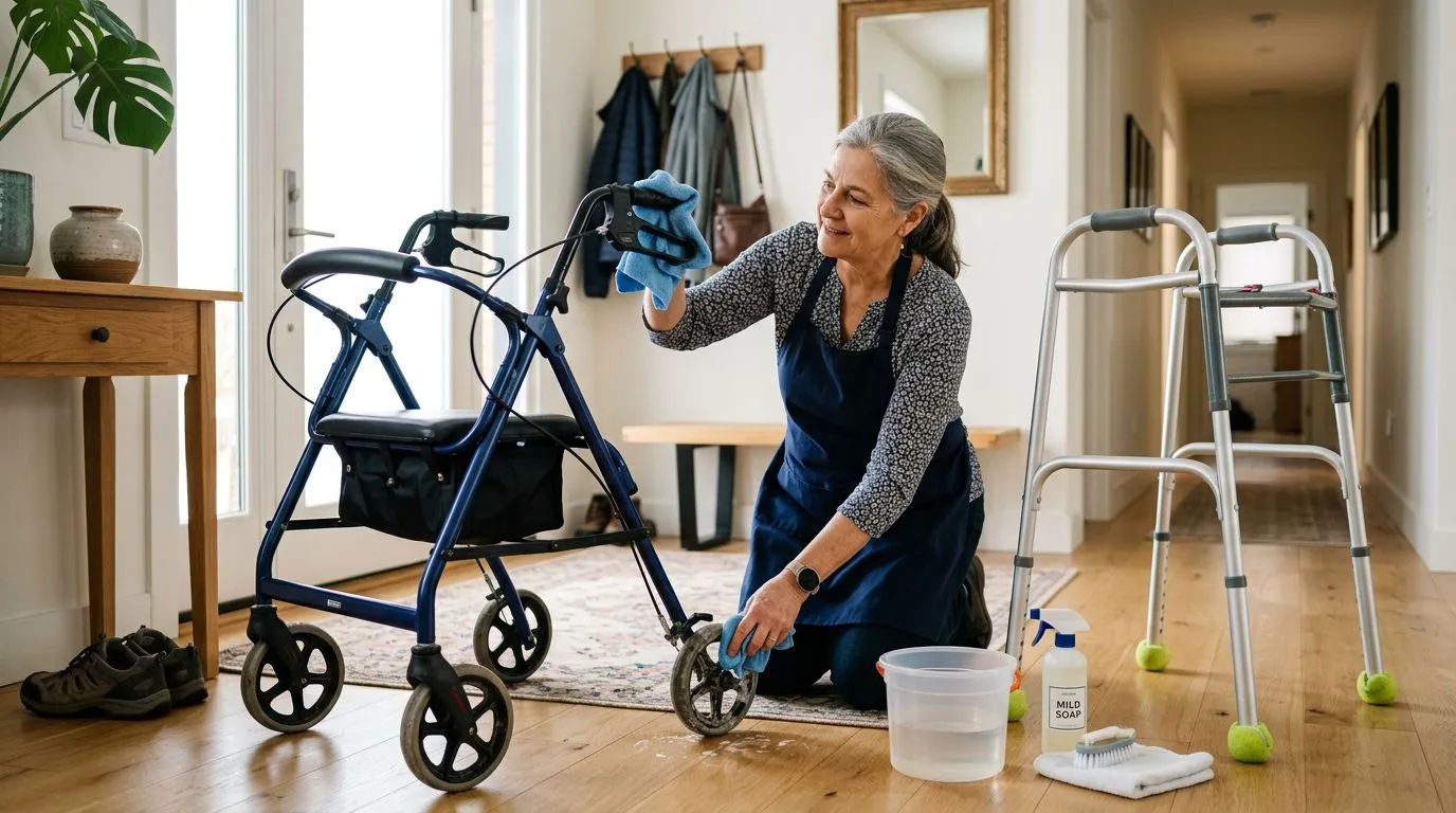 Caregiver cleaning a walker and rollator with cloth and brush