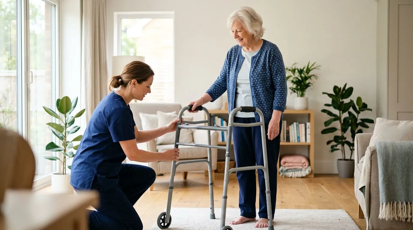 Older adult standing upright while a caregiver adjusts walker handle height to the wrist crease