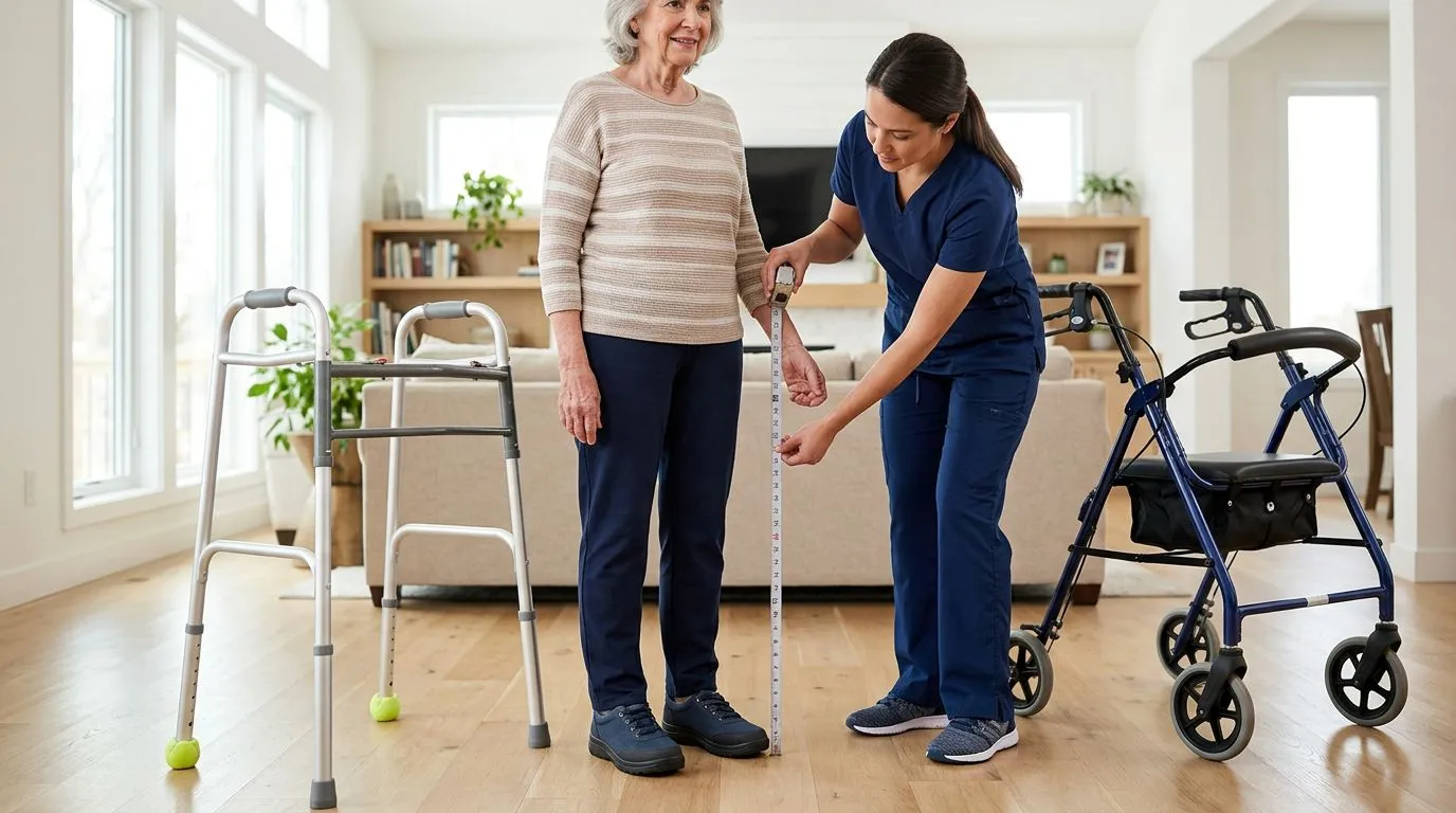 Caregiver measuring wrist height for proper walker and rollator handle fit