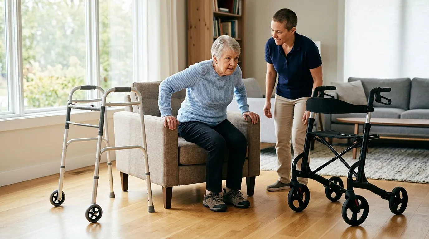 Older adult practicing a safe sit-to-stand transfer with a walker and rollator nearby