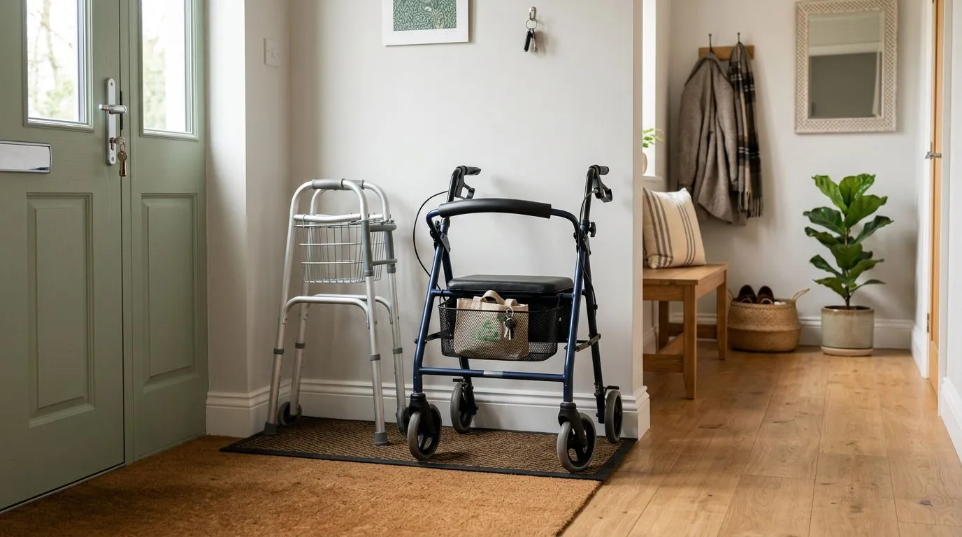 Walker and rollator stored upright indoors on a dry mat near an entryway