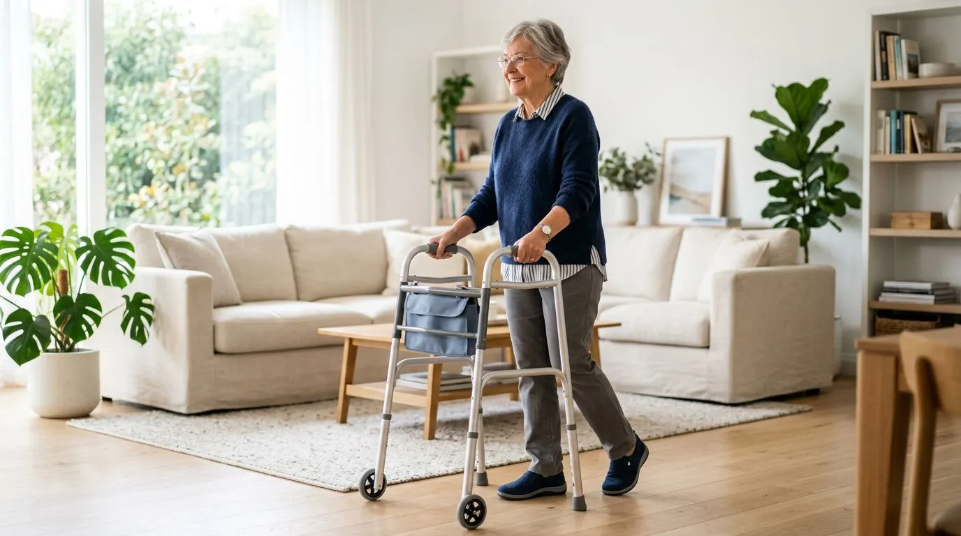 Older adult using a mobility walker safely on a clear indoor path