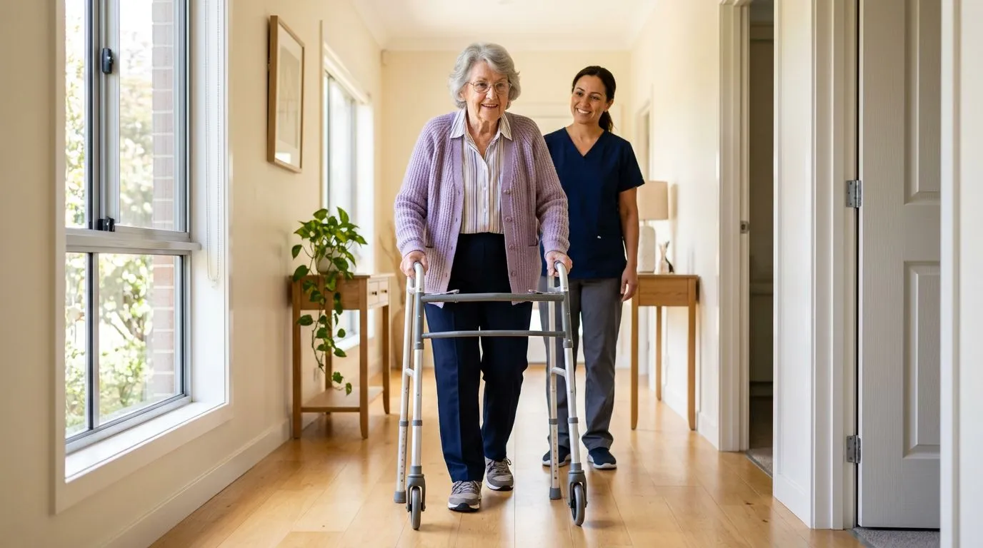 Senior practicing safe walker use with a caregiver nearby in a clear home hallway
