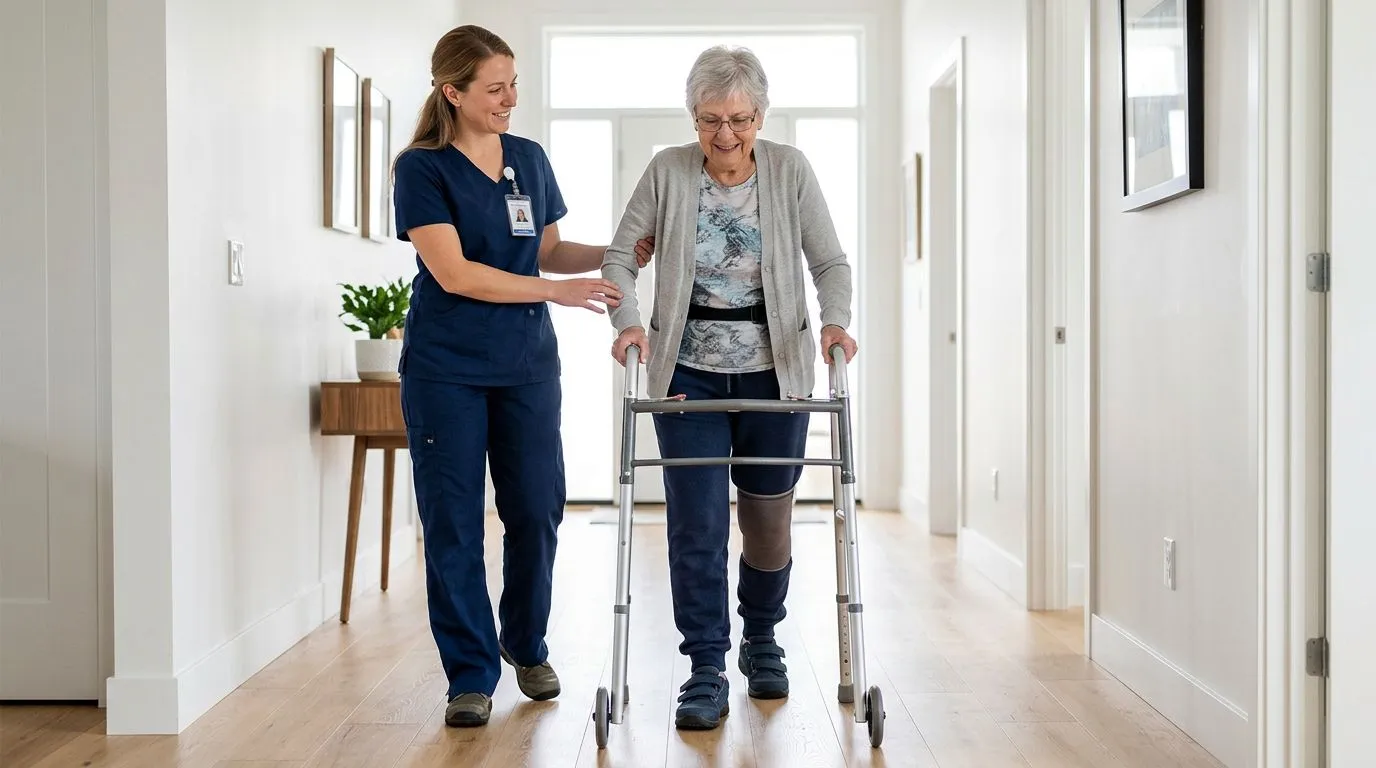 Older adult practicing safe walking with a two-wheel walker after hip or knee surgery