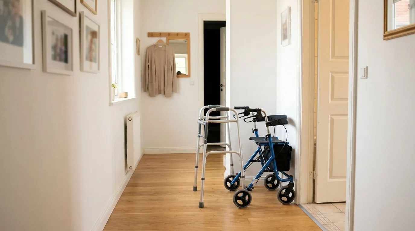 Compact walker and rollator in a small apartment hallway near a narrow bathroom doorway