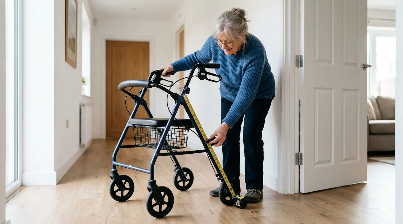 Older adult measuring walker width near an interior doorway