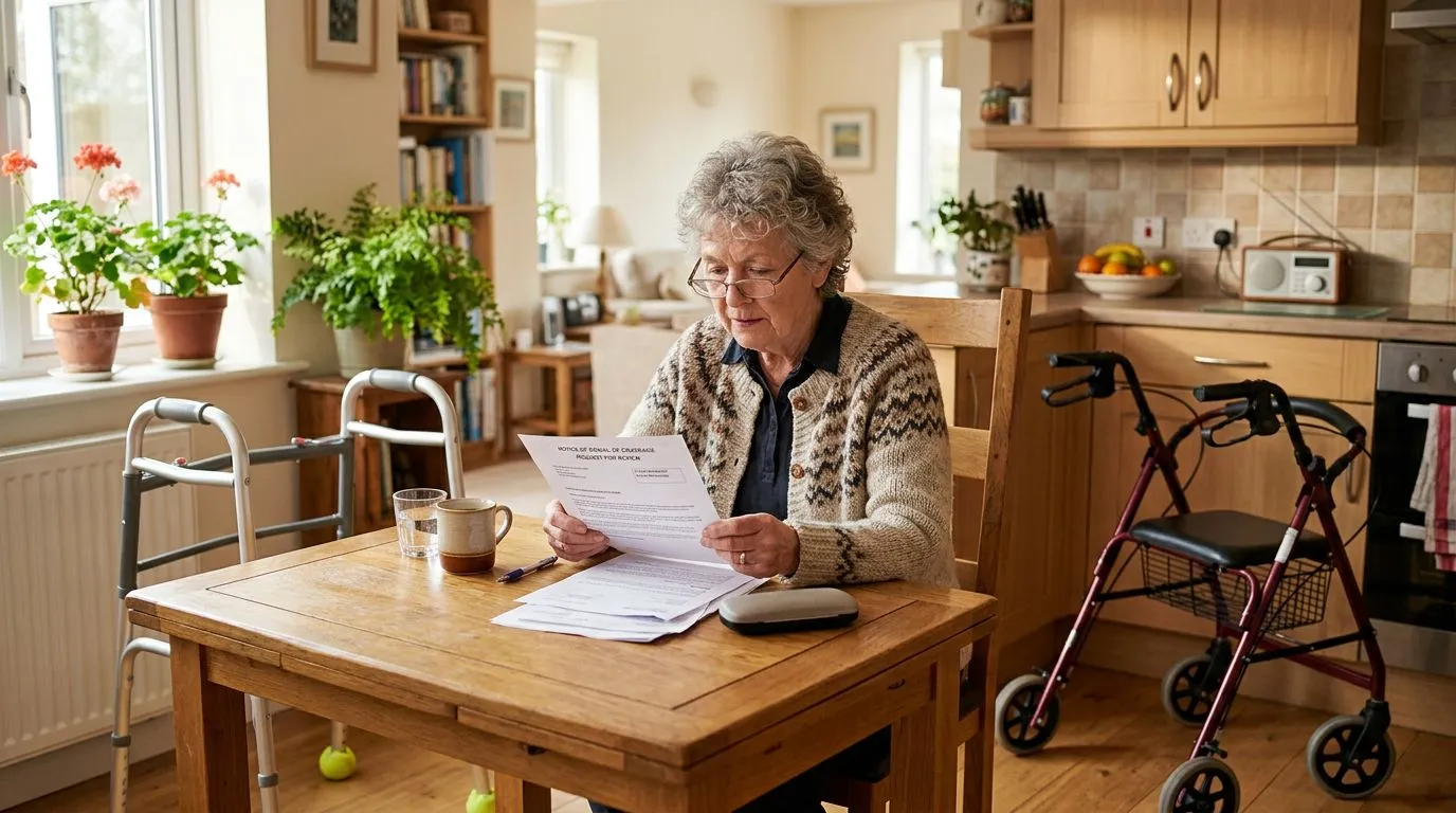 Older adult reviewing insurance paperwork with a walker and rollator nearby