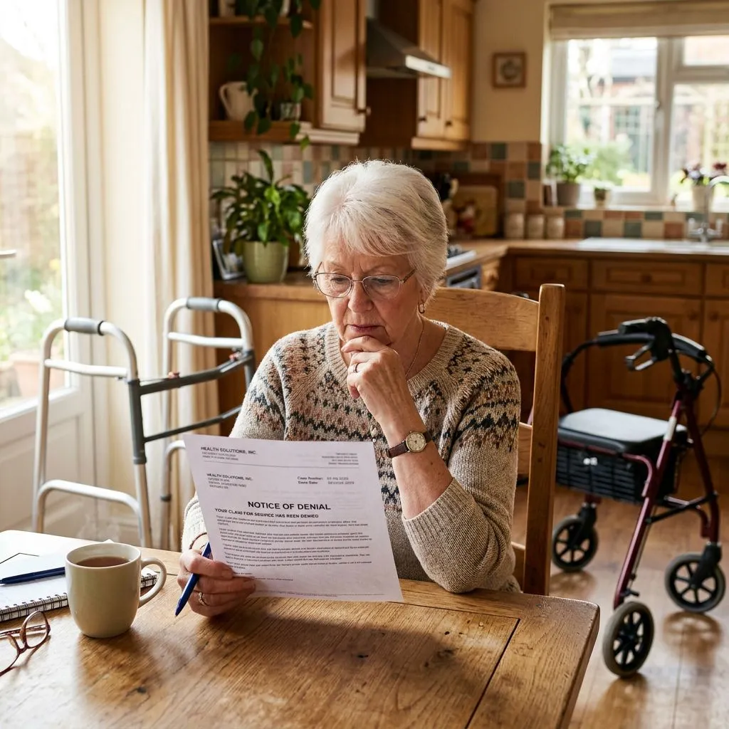 Older adult reviewing insurance paperwork with a walker and rollator nearby